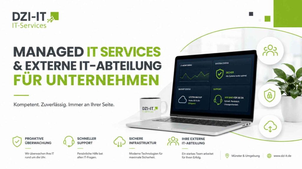 Externe IT-Abteilung statt eigenem IT-Team? Managed IT Services von DZI-IT: Vorteile, Risiken und Entscheidungshilfe für KMU in Münster und im Münsterland.